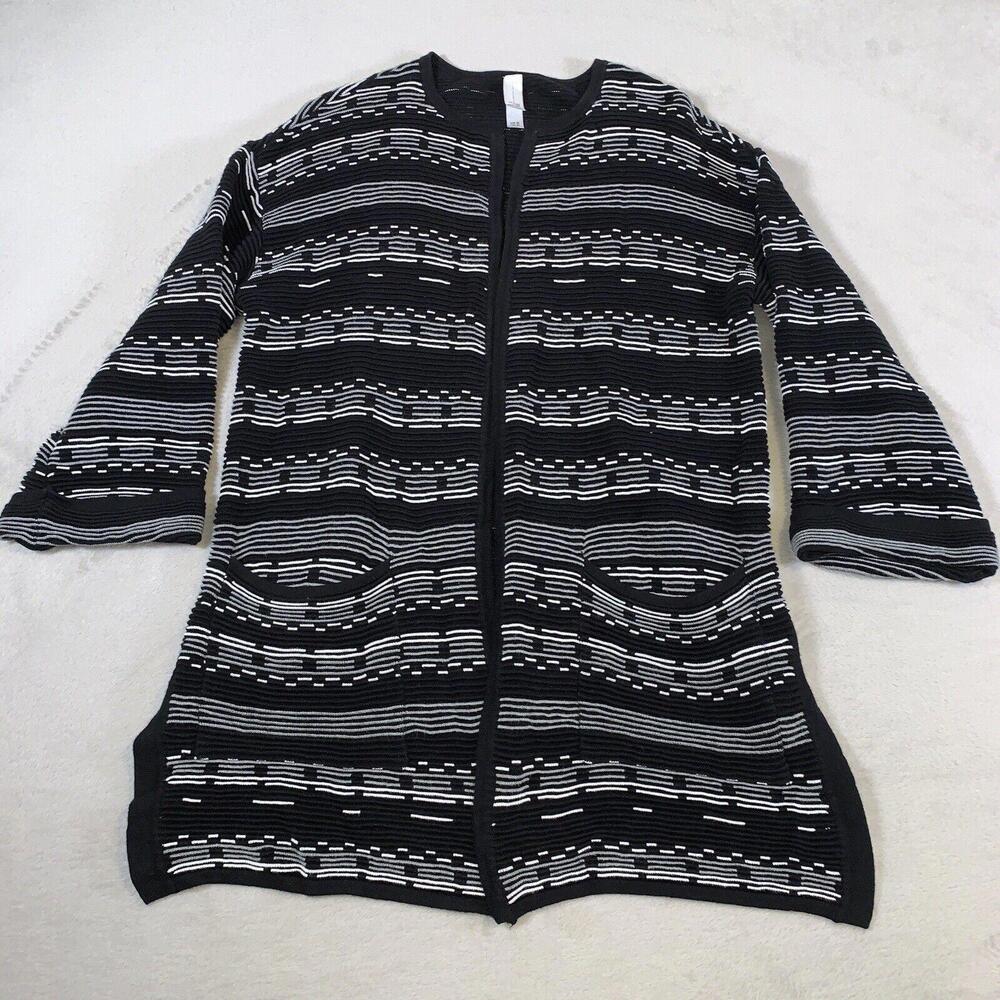 Marla Wynne‎ Cardigan Womens Size Medium Black Beachy Nautical Stripe Open Front